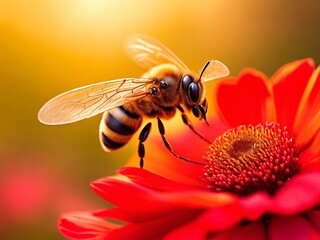 Honey bee on red flower. Spring season at sunrise. Wild nature