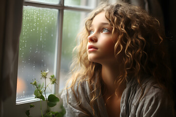 Portrait of a happy beautiful little girl near the window