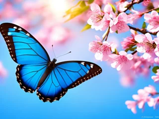 Foto op Canvas Blue morpho butterfly on blossoming sakura flower at sunrise on spring  © Tahiti