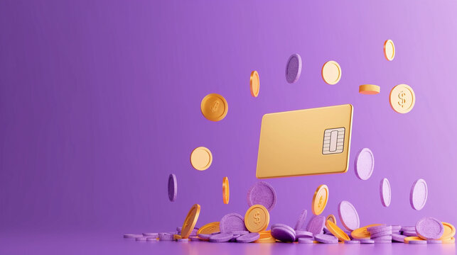 3D online payments credit or debit card concept. money transfer. Financial transactions. coins floating on purple background minimal style, 3d render. Generative AI