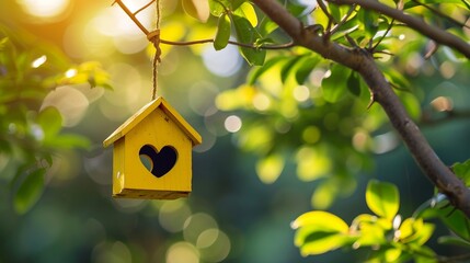 Yellow bird house with the heart shapped entrance on blurred spring outdoor background with copy...