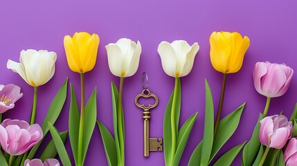 Key ring in the shape of wooden house with key on lilac background and spring tulips. Building, design, project, moving to new home, mortgage, rent and purchase real estate, summer offer. Copy space
