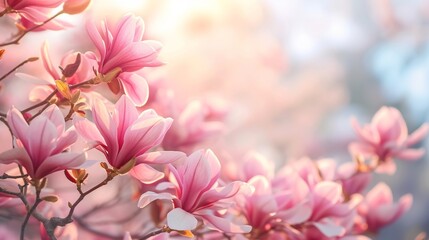Closeup of blooming magnolia tree in spring on pastel bokeh background, copy space. - obrazy, fototapety, plakaty