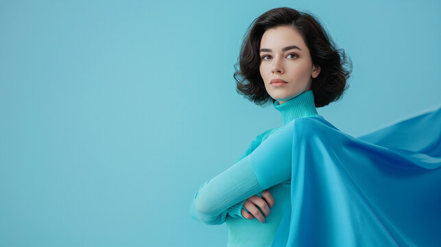 Brave woman keeps arms on hips, smiling confident, casting a superhero with blue cape .Ambition and business success concept. Leadership hero power, motivation and inner strength symbol, copy space
