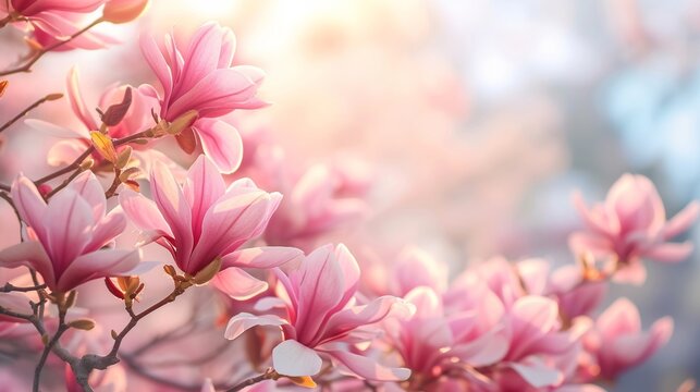 Closeup of blooming magnolia tree in spring on pastel bokeh background, copy space.