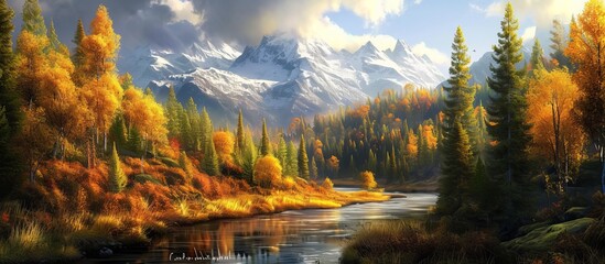 A Majestic Landscape: Mount River and Autumn Forest Enchant in this Breathtaking Landscape - obrazy, fototapety, plakaty