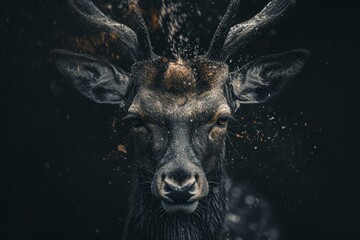 Stag surrounded by exploding dust, creating a mystical and powerful portrait of wildlife in motion.

