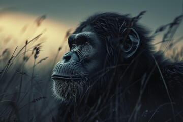 Chimpanzee in thought amidst tall grass, a poignant wildlife scene that evokes contemplation and the essence of nature.

