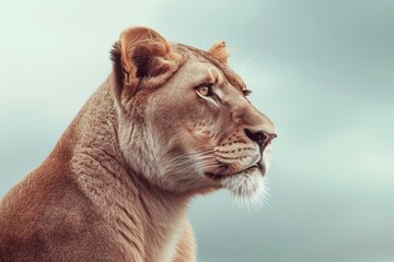 Naklejka premium Lioness gazing into the distance with determination, her profile against a soft blue sky highlights her regal bearing.