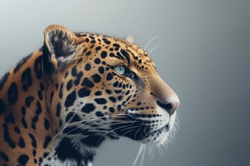 Obraz premium Profile of a leopard with a sharp gaze, showcasing its spotted fur and fierce beauty against a soft grey background.