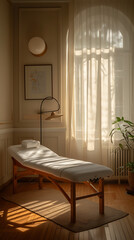 A beauty salon spa treatment room in neutral colours.