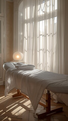 Fototapeta na wymiar A beauty salon spa treatment room in neutral colours.