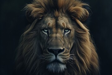 Naklejka premium Portrait of a lion with a penetrating gaze, the king of the jungle exuding regal dignity and raw power.