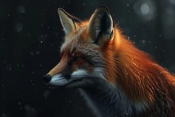 Fototapeta premium Red fox in a snowy setting, the vibrant fur contrasting with the soft snowflakes, a serene portrait of wildlife.