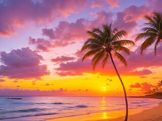 Fototapeta na wymiar Paradise beach with palm tree and beautiful sky at sunset. Tropical island background