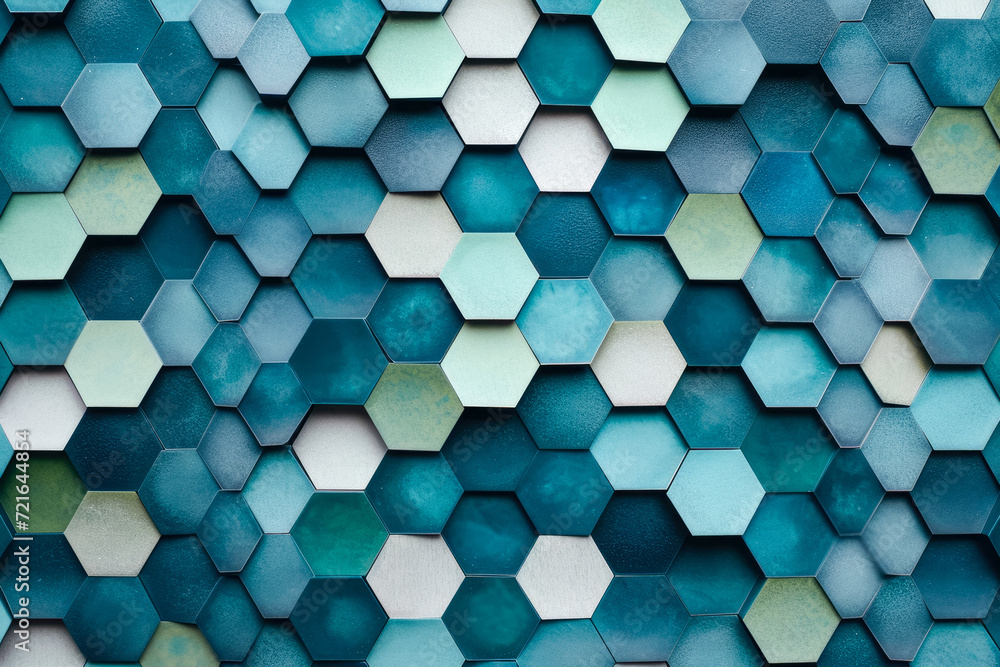 Aufkleber background with a pattern of overlapping hexagons in shades of blue and green