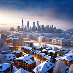 Snow City Cityscape Winter Tall panorama. A serene winter cityscape. Snow laden houses, towering skyscrapers