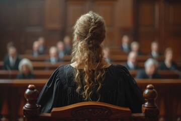 A female lawyer stands at the podium, presenting her case to the attentive jury and audience in a formal courtroom setting. - obrazy, fototapety, plakaty