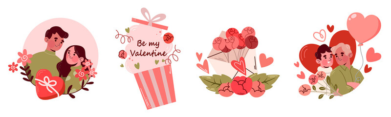 Valentine's day, stickers, vector, lgbt, gay couple, cupid, hug, confession of love, love message, set, cartoon, flat, transparent, flowers, candy, cakes