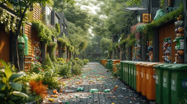 A photorealistic image symbolizing a campaign for environmental love, showing people in daily life actively engaging in recycling and sustainable practices. 