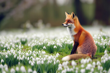 Fototapeta premium Red Fox Sitting Amongst Snowdrops, Serene Nature Scene