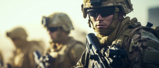 A group of soldiers with weapons on a mission. Close-up of one of the soldiers from the group