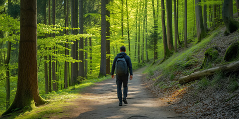 Active vacation in spring with a walk in the forest.
