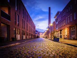 a cobblestone street in the middle of a bricked area