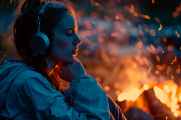 A pensive young woman enjoys music on her headphones, illuminated by the warm glow of a night campfire.