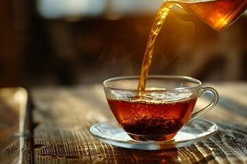 Fototapeta premium someone pouring tea into a cup on a wooden table while sun shines