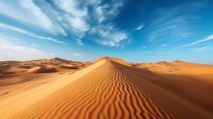 Fototapeta na wymiar surreal desert landscape with towering sand dunes, stretching as far as the eye can see, under a clear blue sky