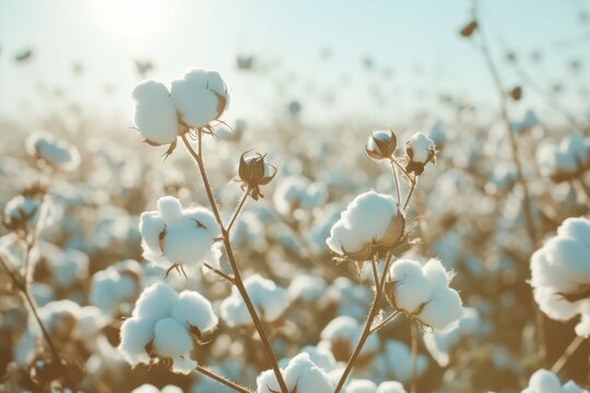 A cotton plant field, cotton balls, light blue sky, sunlit, light blurred background