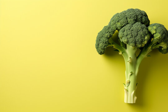 Fresh broccoli head against a yellow background.