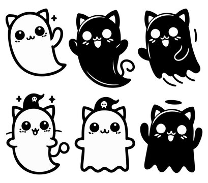 Set of Cat ghost - funny ghost, Happy cat ghost - vector illustration