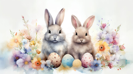 Easter postcard concept. Cute fluffy bunnies in watercolor style with flowers, colorful eggs on the light background. Vibrant banner