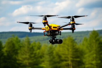 Modern quadrocopter drone with camera. Modern electronic device in flight