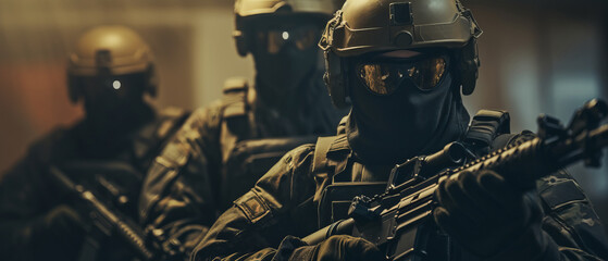 A group of soldiers with weapons on a mission. Close-up of one of the soldiers from the group