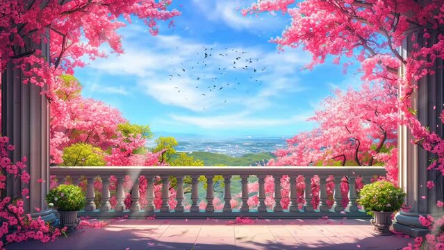 Beautiful spring view from the balcony. Seamless looping 4k time-lapse virtual video animation background 
