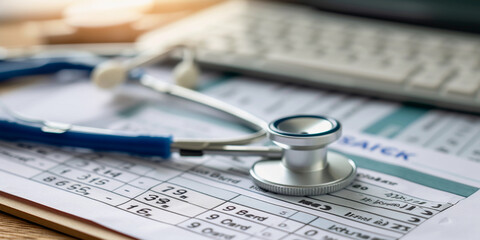 insurance claim form with high numbers, alongside medical equipment, to highlight the cost of medical care, sharp focus, realistic office setting