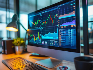Fototapeta premium computer screen showing rising healthcare cost statistics in a financial analyst's office, detailed graphs and numbers, office environment, capturing the economic perspective of healthcare