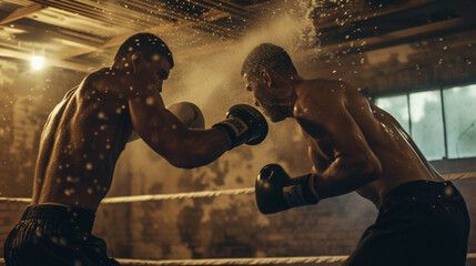 boxing scene in an old-school gym, two boxers sparring in a ring, one throwing a punch, sweat flying, the environment rugged and raw, conveying the intensity and energy of the sport - obrazy, fototapety, plakaty