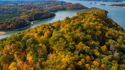 Aerial of Fall Foliage at Panther Creek State Park on Cherokee Lake in Morristown, TN