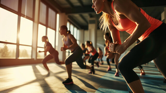 people in activewear, intensely engaged in a high-intensity interval training session in a modern, well-equipped gym, sunlight streaming in through large windows, creating dynamic shadows on the floor