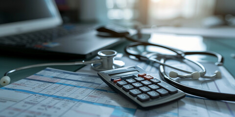 calculator, stethoscope, and medical bills spread out on a doctor's desk, emphasizing the financial aspect of health care, dimly lit office, realistic textures and details