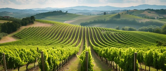 vineyard in the morning, panoramic view of a lush vineyard, with rows of grapevines stretching into the distance against a backdrop of rolling hills