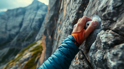 climber's hands gripping a challenging hold on a natural rock face, the surrounding landscape vast and rugged, conveying a sense of adventure and determination in the wild - obrazy, fototapety, plakaty