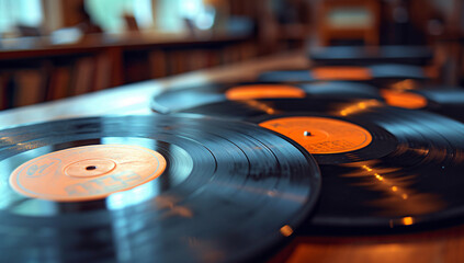 A collection of classic black vinyl records, waiting to be played on a record player, evoking a...