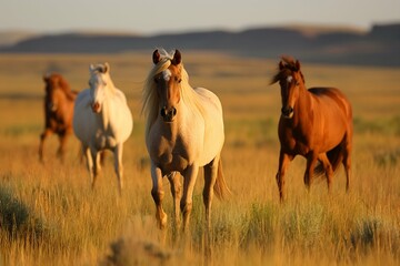 A herd of white and bay horses graze in the autumn steppe near the mountains - obrazy, fototapety, plakaty