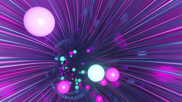 Colorful balls flying through the pipe. Bouncing balls in a curving and striped mirror tunnel for templates, banners, posters. 4k video animation footage. 3d rendering modern design, loop stock video.