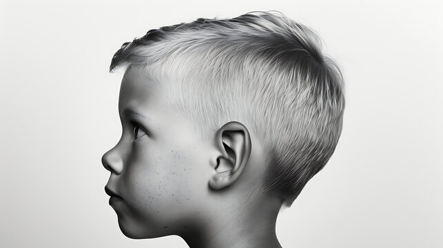 black and white side-profile portrait photography of a young boy, high contrast